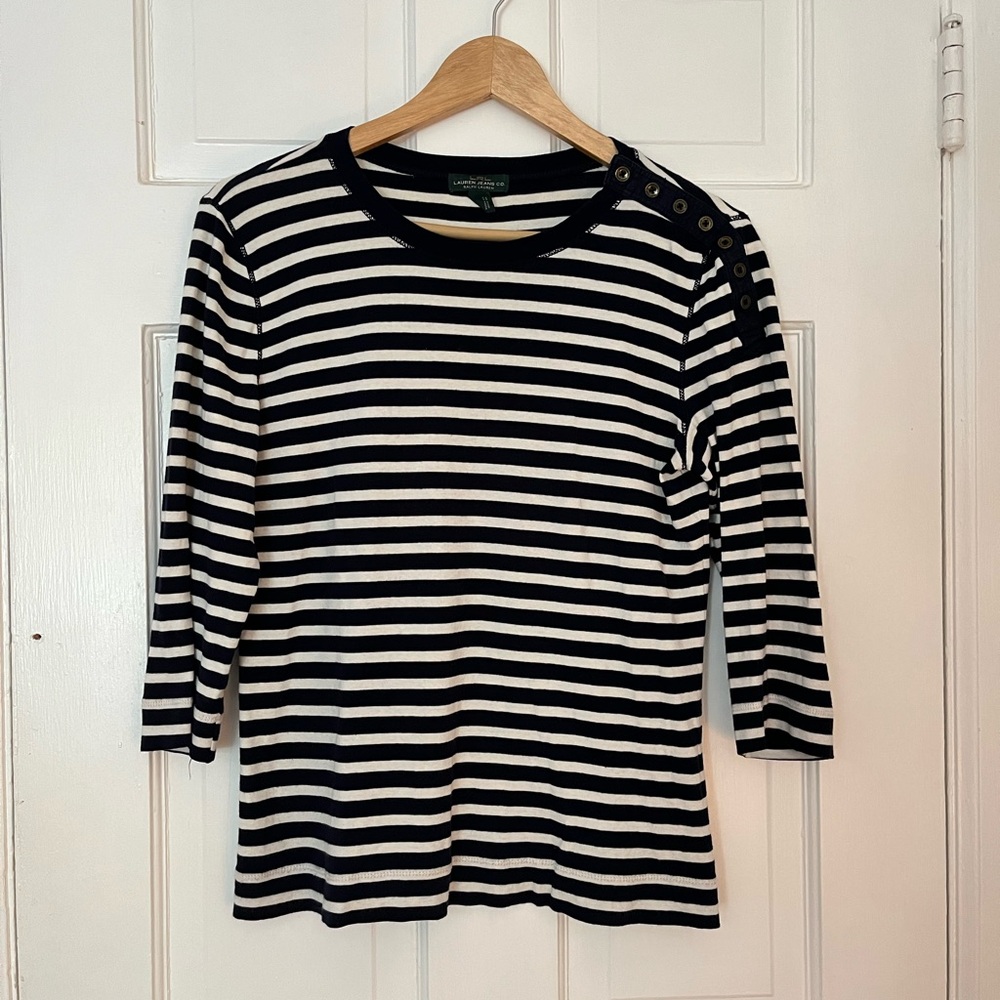 Lauren Ralph Lauren Navy and White 3/4 Sleeve T-Shirt Womens Medium Nautical